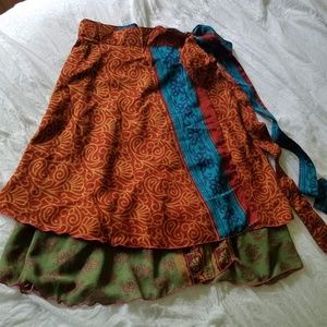 Vintage sari silk wrap skirt rust orange teal OAAK